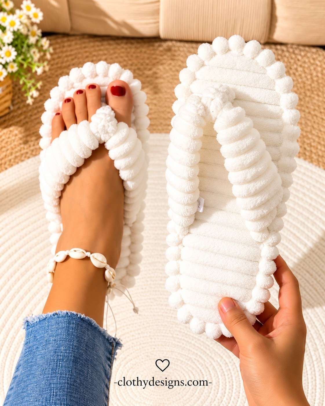 Women's Corduroy Plush House Slippers – Warm Winter Indoor Slides, Soft Flat Sole Flip-Flops